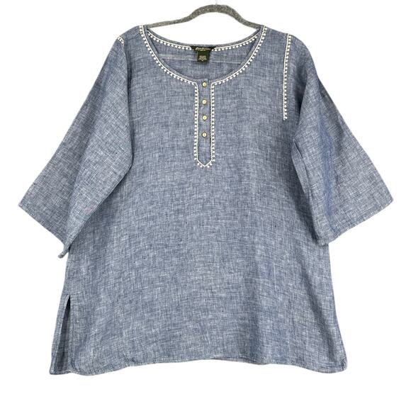 Eddie Bauer Blue 3/4 Sleeve Embroidery Trim Buttoned Placket Tunic Size XL - Picture 1 of 6